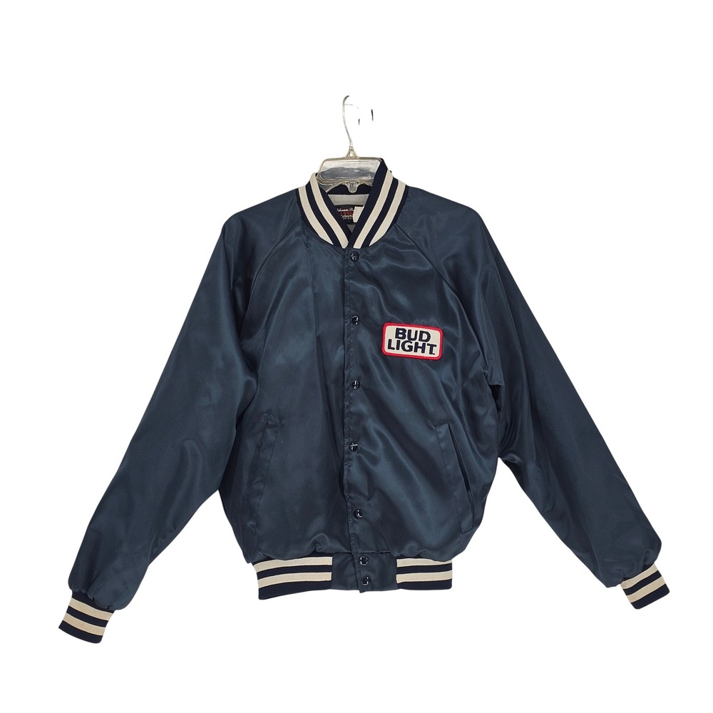 Vintage Bud Light Promo Varsity Jacket L Navy Blue Satin Bomber 80s USA Beer Ad